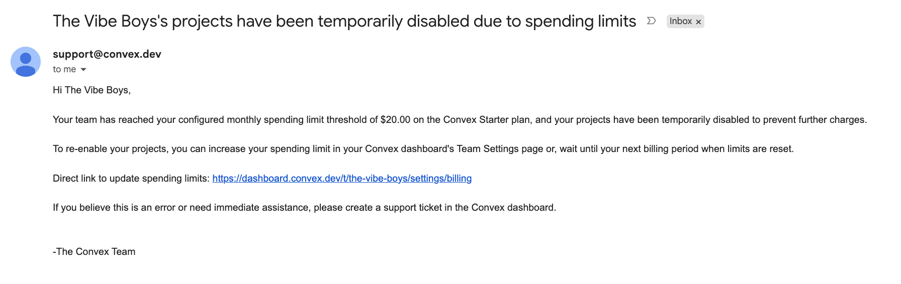 Convex email explaining that projects were temporarily disabled after the Starter plan reached its monthly spending limit.
