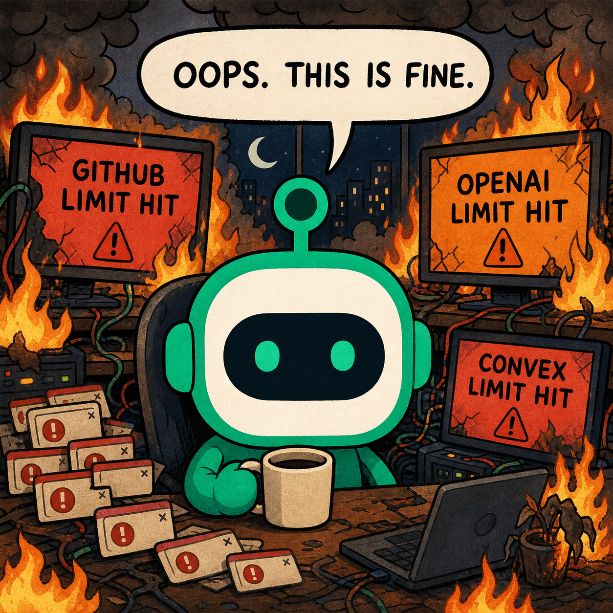 Loopy sits calmly while GitHub, OpenAI, and Convex limit alerts surround it.